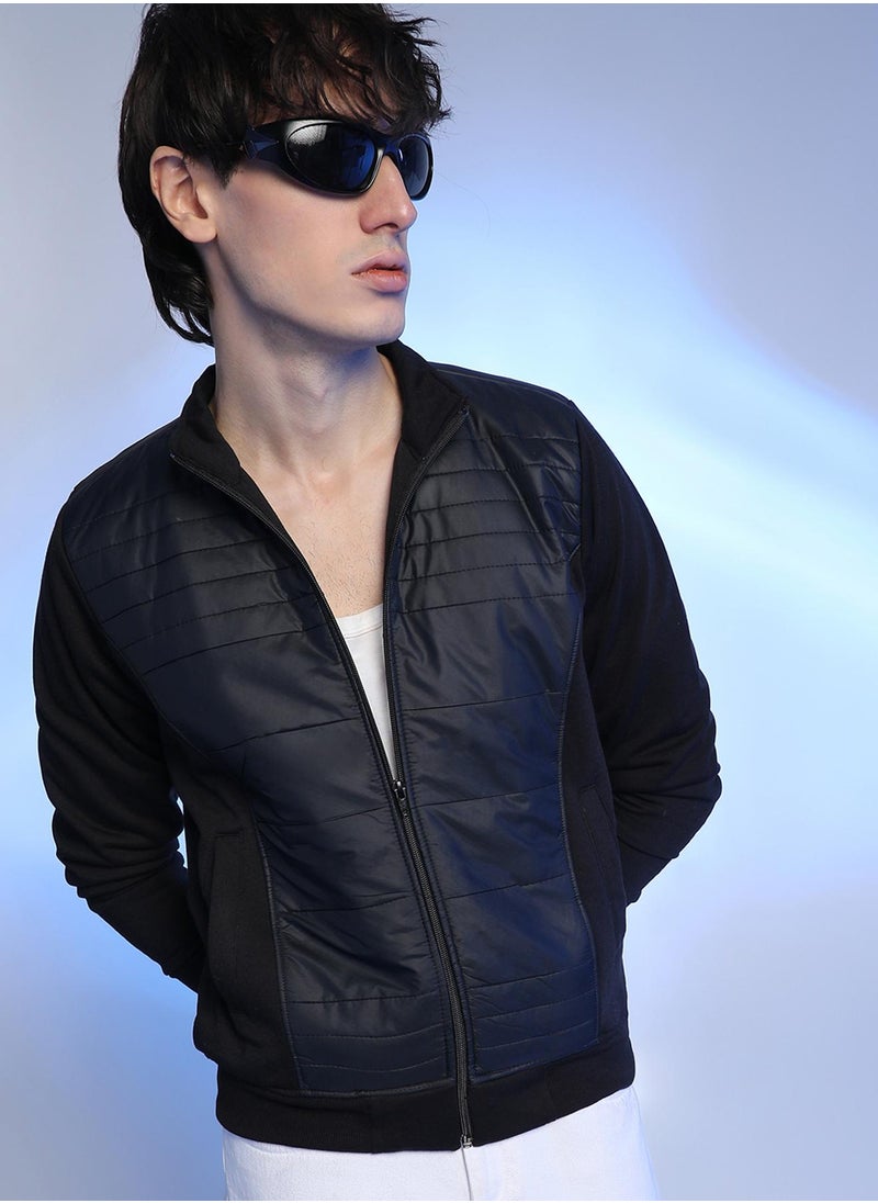 Men's Black Zip-Front Jacket With Quilted Detail