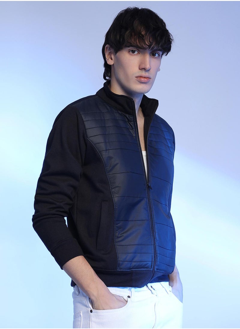 Men's Black Zip-Front Jacket With Quilted Detail