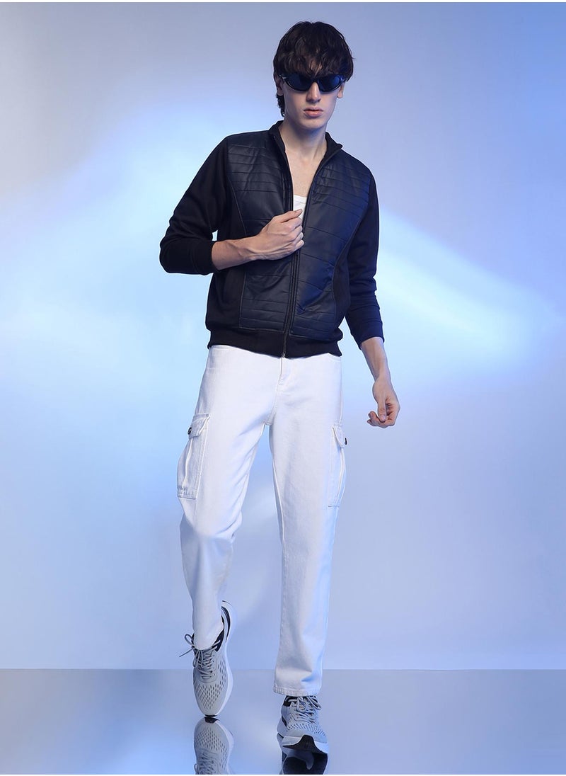 Men's Black Zip-Front Jacket With Quilted Detail
