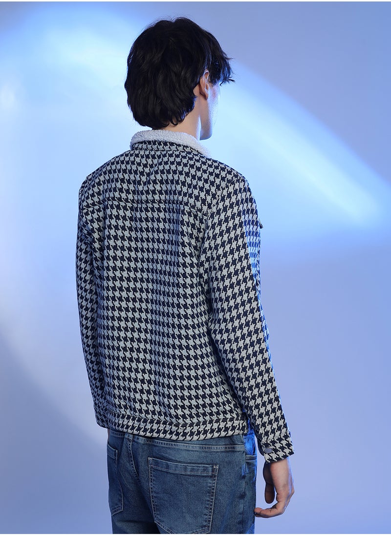 Men's Navy Blue & Moon Grey Fleece Houndstooth Denim Jacket