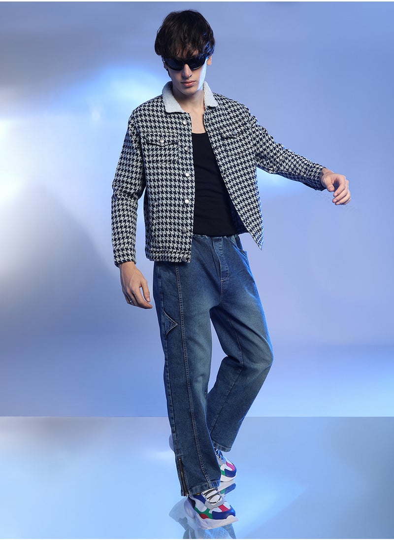 Men's Navy Blue & Moon Grey Fleece Houndstooth Denim Jacket