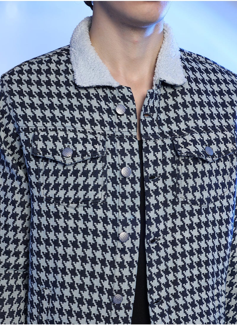 Men's Navy Blue & Moon Grey Fleece Houndstooth Denim Jacket