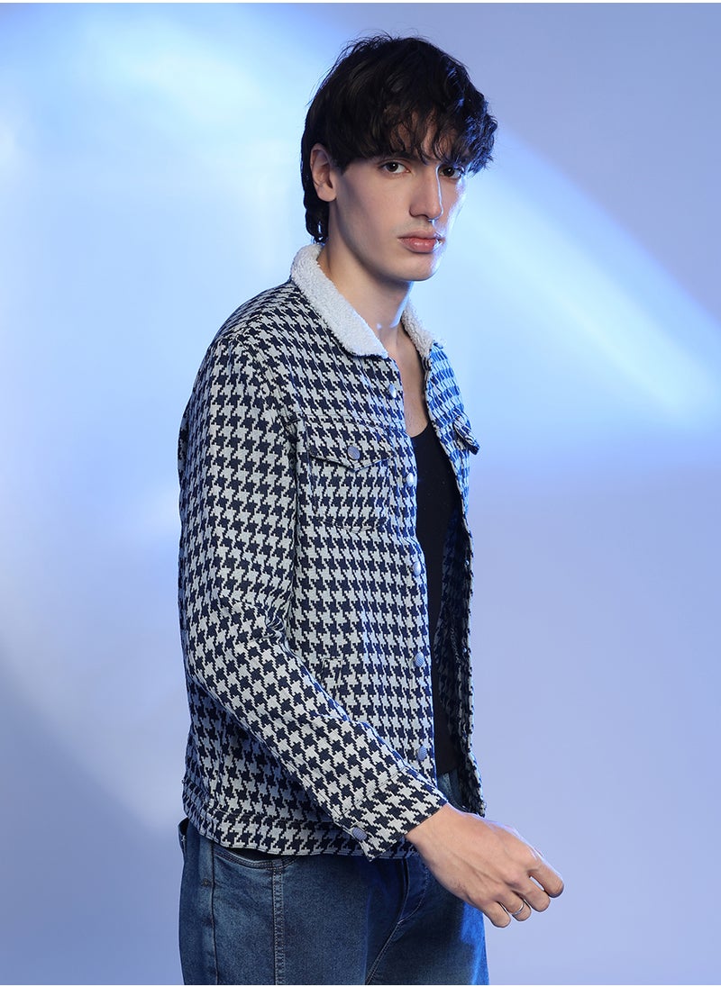 Men's Navy Blue & Moon Grey Fleece Houndstooth Denim Jacket