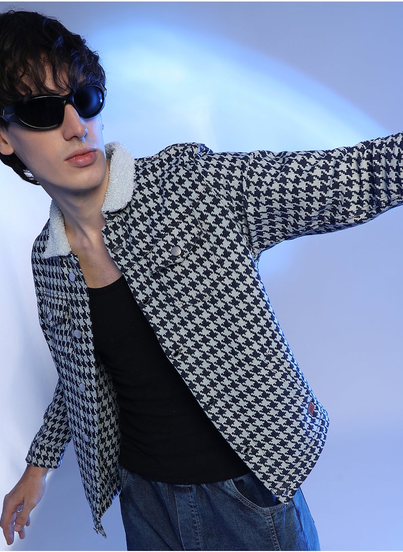Men's Navy Blue & Moon Grey Fleece Houndstooth Denim Jacket