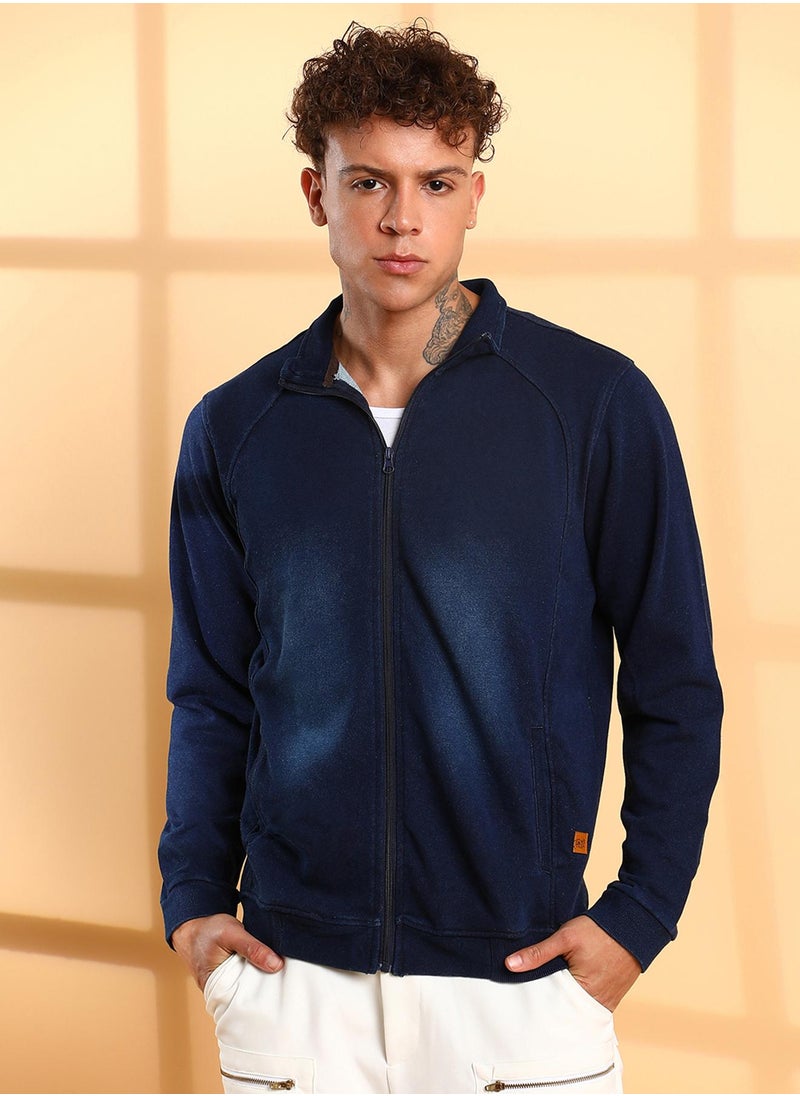 Men's Navy Blue Zip-Front Dark-Wash Denim Jacket