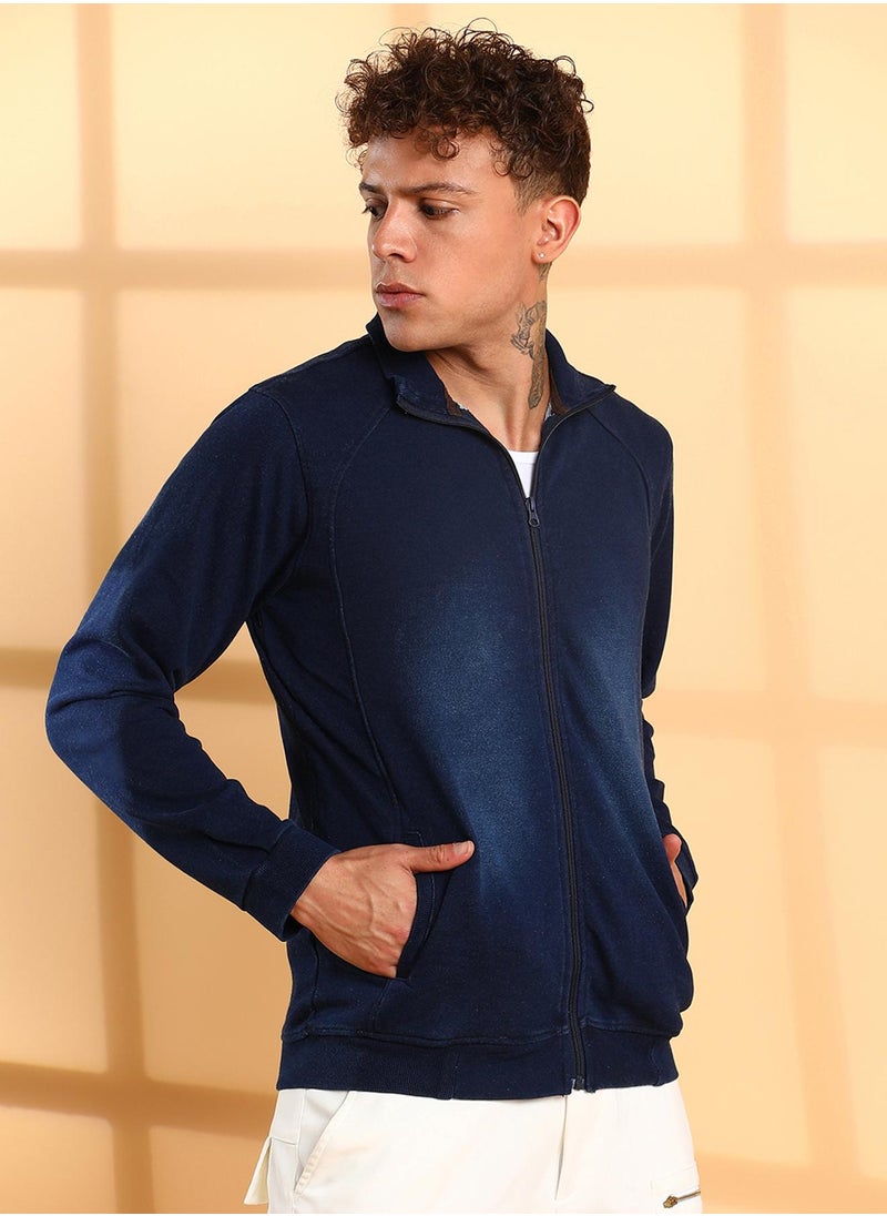 Men's Navy Blue Zip-Front Dark-Wash Denim Jacket