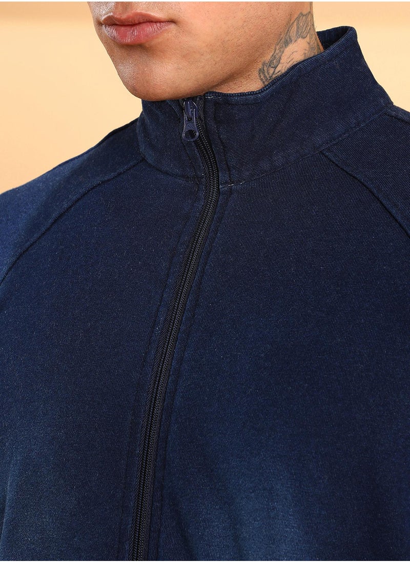 Men's Navy Blue Zip-Front Dark-Wash Denim Jacket