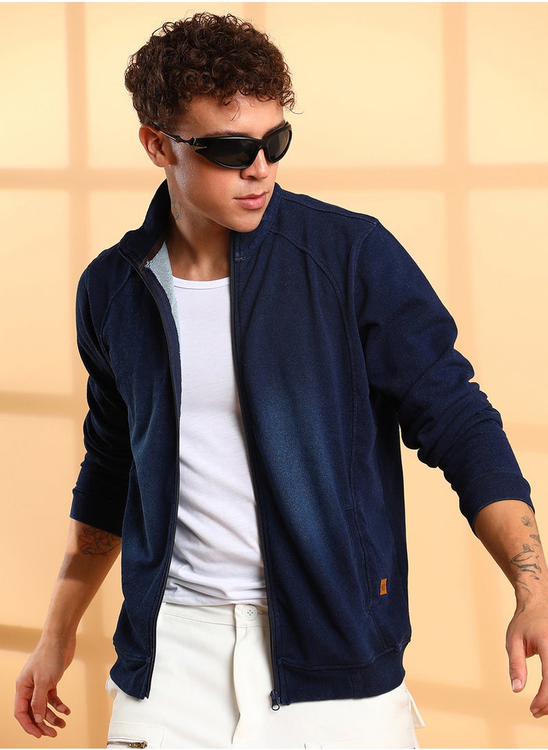 Men's Navy Blue Zip-Front Dark-Wash Denim Jacket
