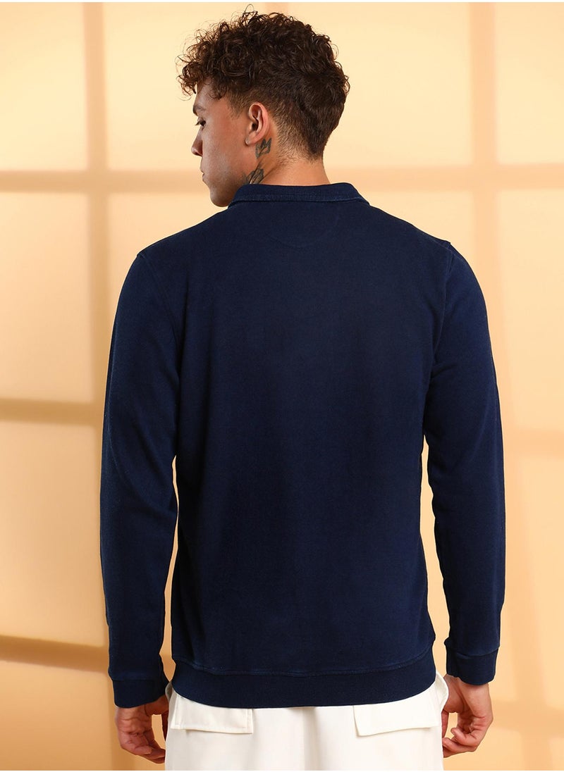 Men's Navy Blue Zip-Front Dark-Wash Denim Jacket