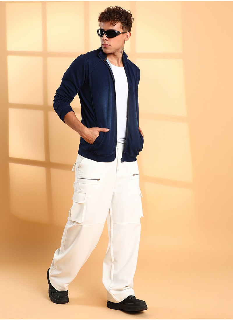 Men's Navy Blue Zip-Front Dark-Wash Denim Jacket