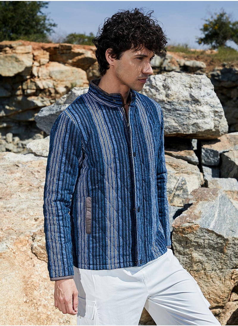 Men's Black & Prussian Blue Striped Quilted Bomber Jacket