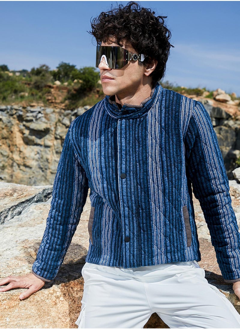 Men's Black & Prussian Blue Striped Quilted Bomber Jacket