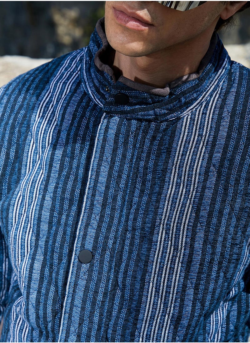 Men's Black & Prussian Blue Striped Quilted Bomber Jacket