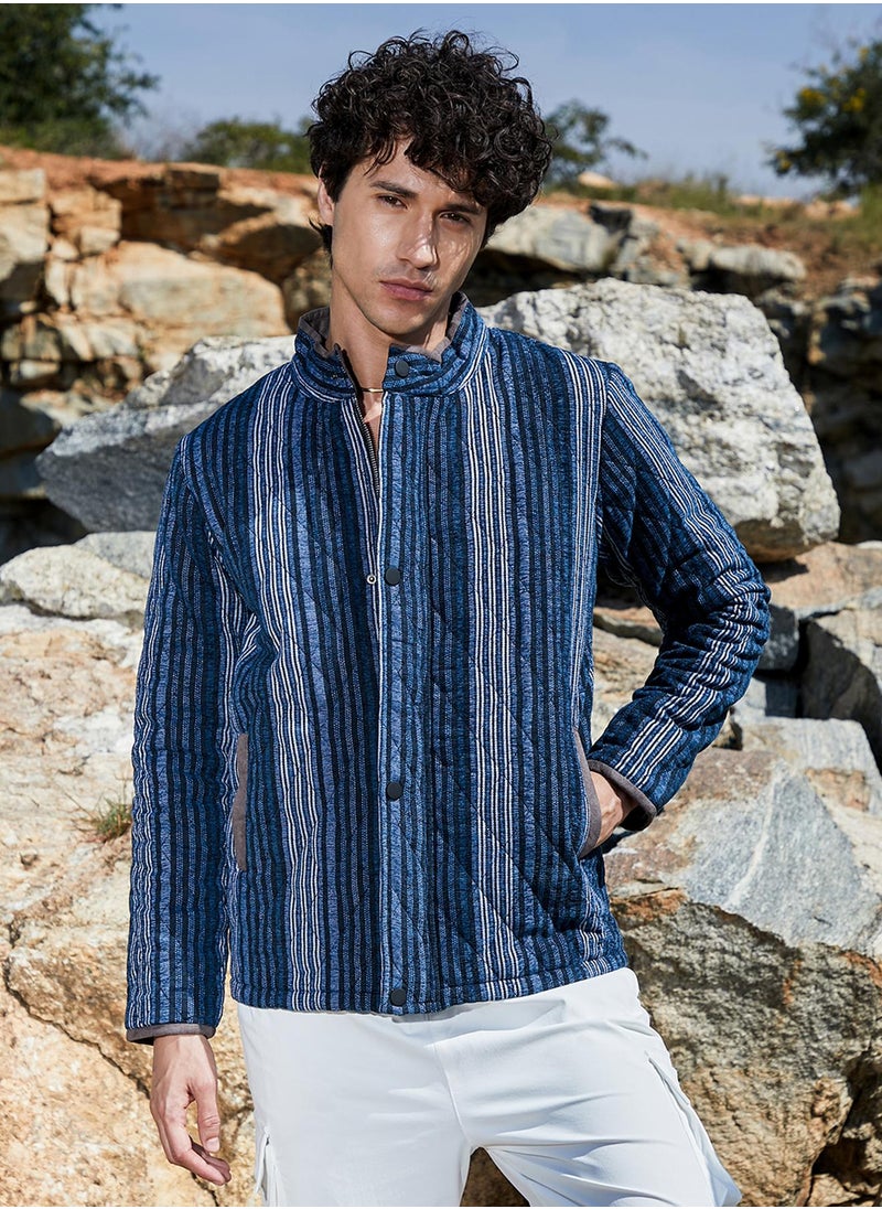Men's Black & Prussian Blue Striped Quilted Bomber Jacket