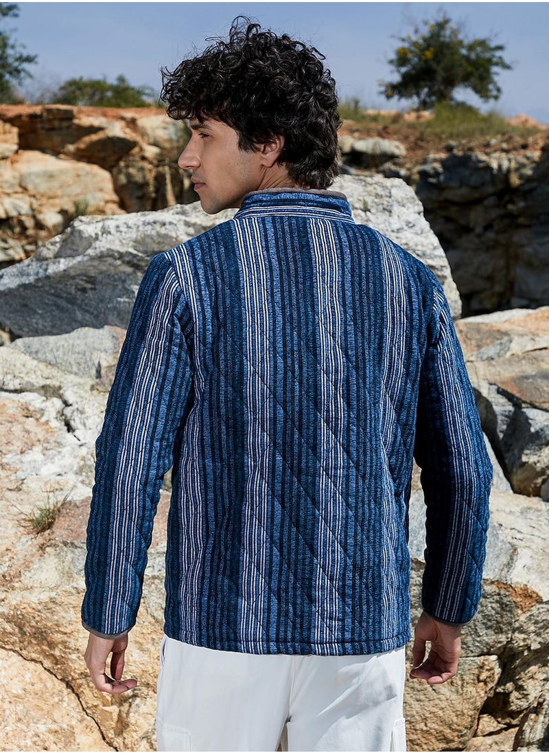 Men's Black & Prussian Blue Striped Quilted Bomber Jacket