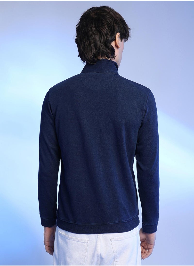 Men's Navy Blue Zip-Front Dark-Wash Denim Jacket