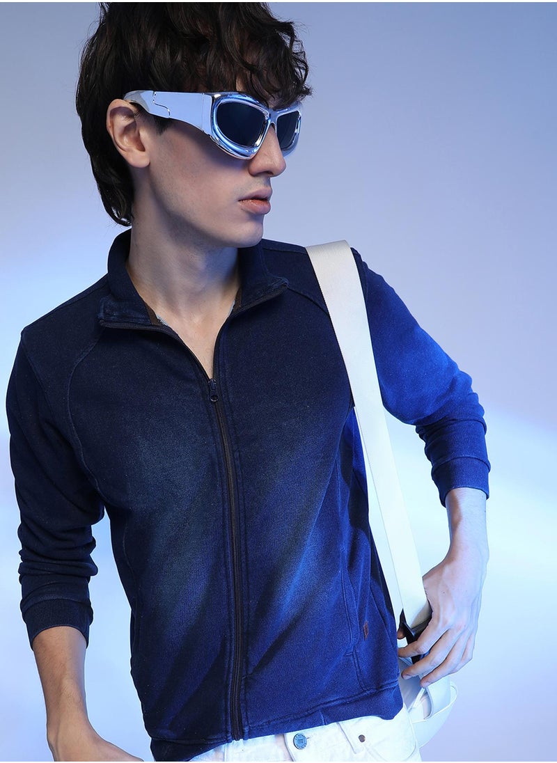 Men's Navy Blue Zip-Front Dark-Wash Denim Jacket