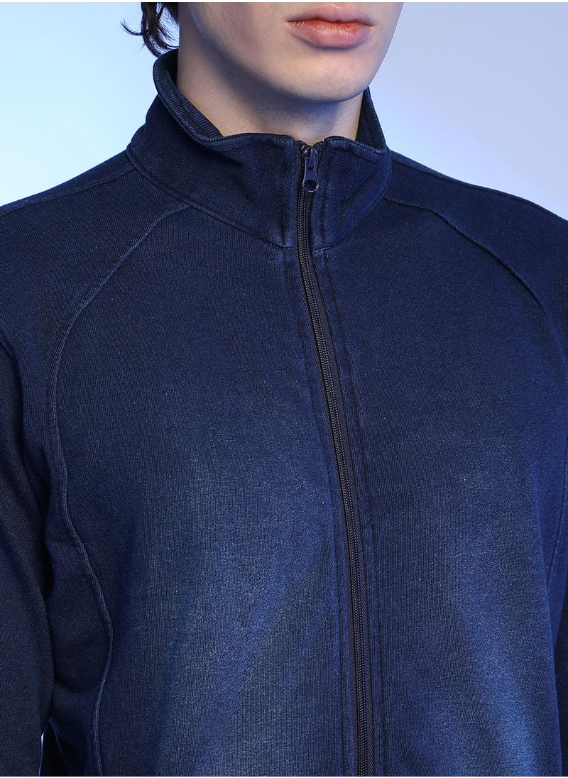 Men's Navy Blue Zip-Front Dark-Wash Denim Jacket