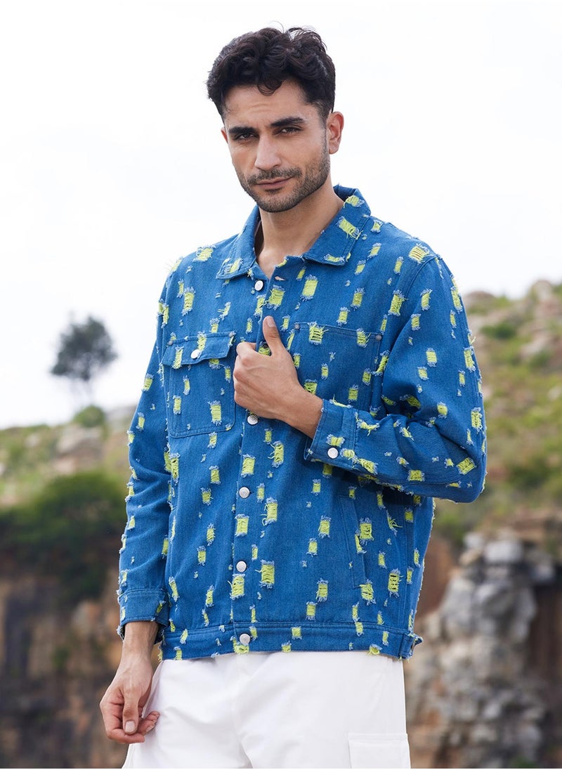Men's Blue Heavy Distressed Denim Jacket
