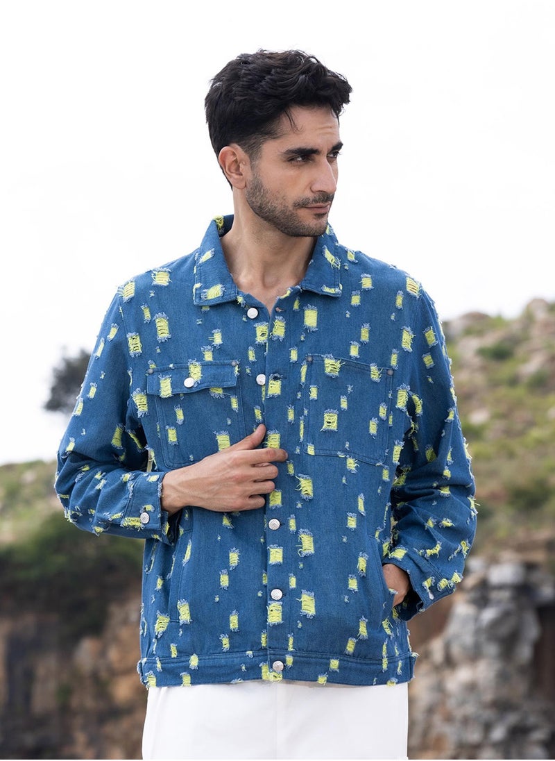 Men's Blue Heavy Distressed Denim Jacket