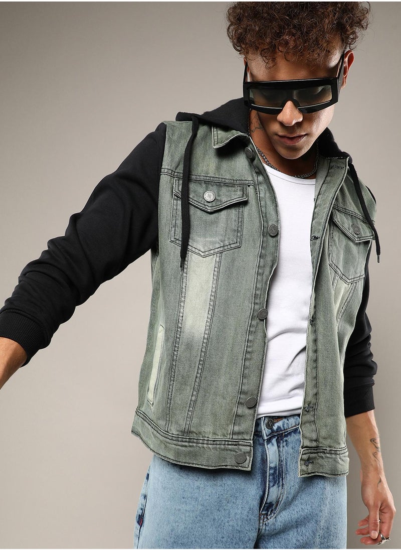 Men's Grey & Black Light-Wash Denim Jacket With Sweatshirt Sleeve