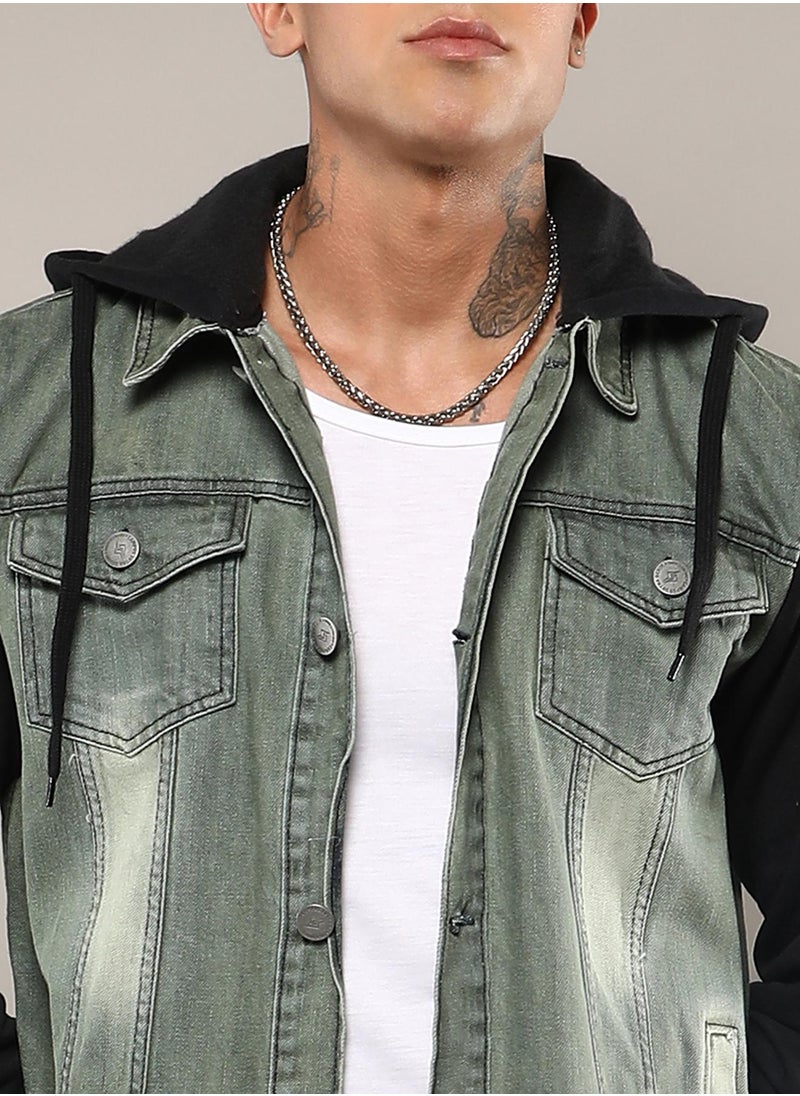 Men's Grey & Black Light-Wash Denim Jacket With Sweatshirt Sleeve