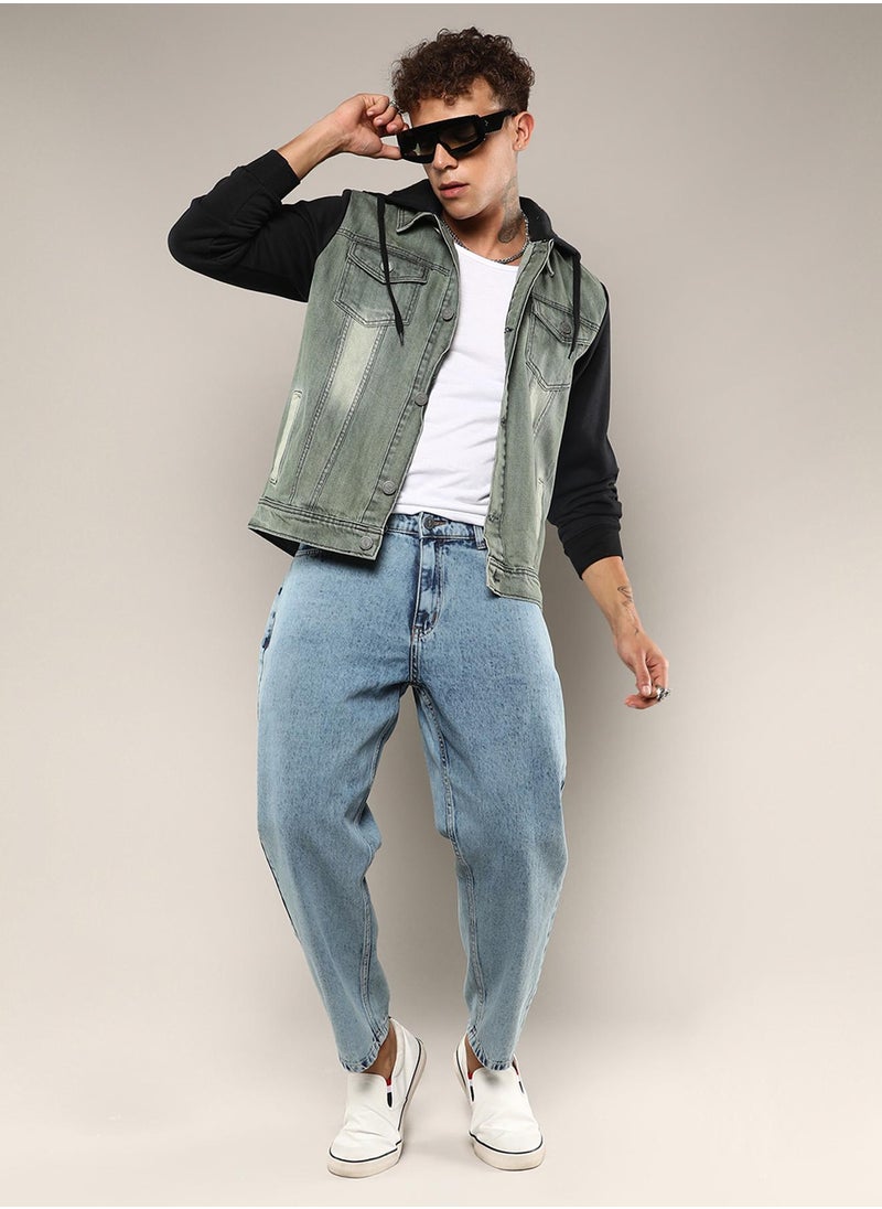 Men's Grey & Black Light-Wash Denim Jacket With Sweatshirt Sleeve
