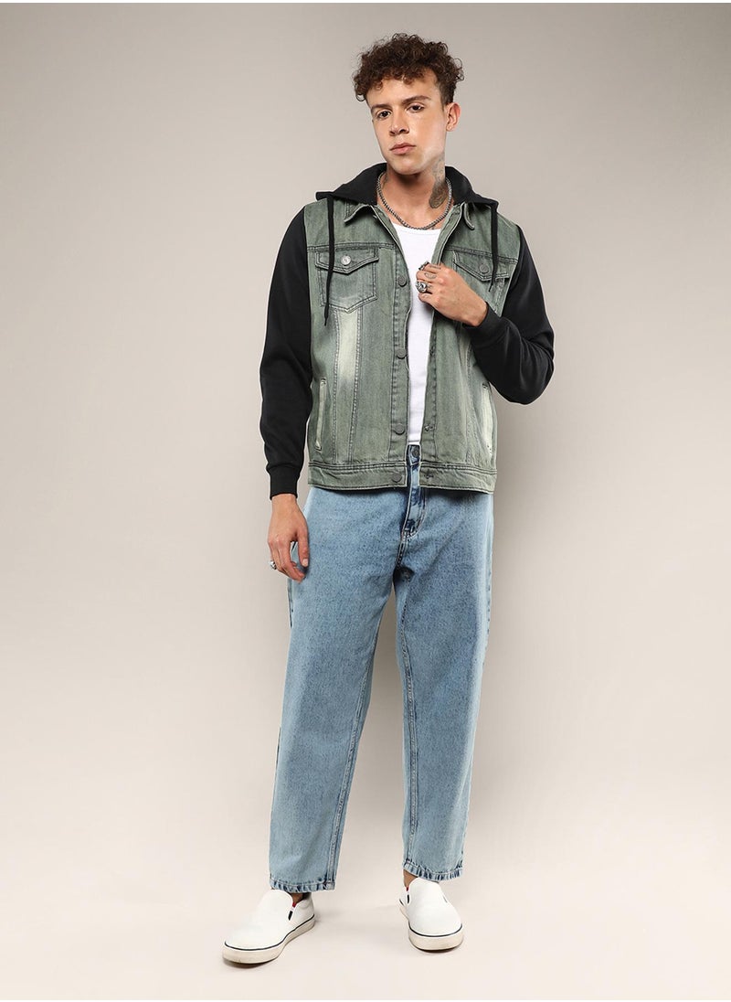 Men's Grey & Black Light-Wash Denim Jacket With Sweatshirt Sleeve
