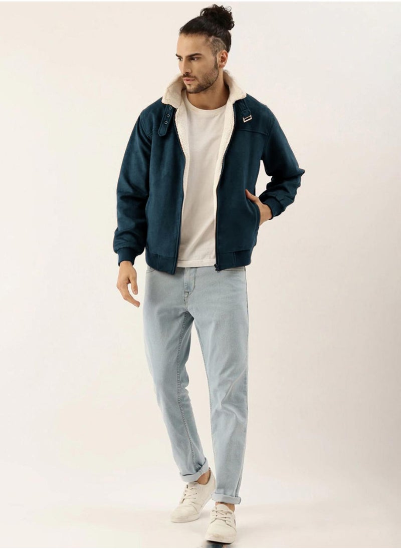 Men's Saltbox Blue Fur-Lined Suede Bomber Jacket
