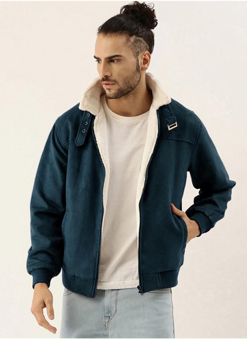 Men's Saltbox Blue Fur-Lined Suede Bomber Jacket