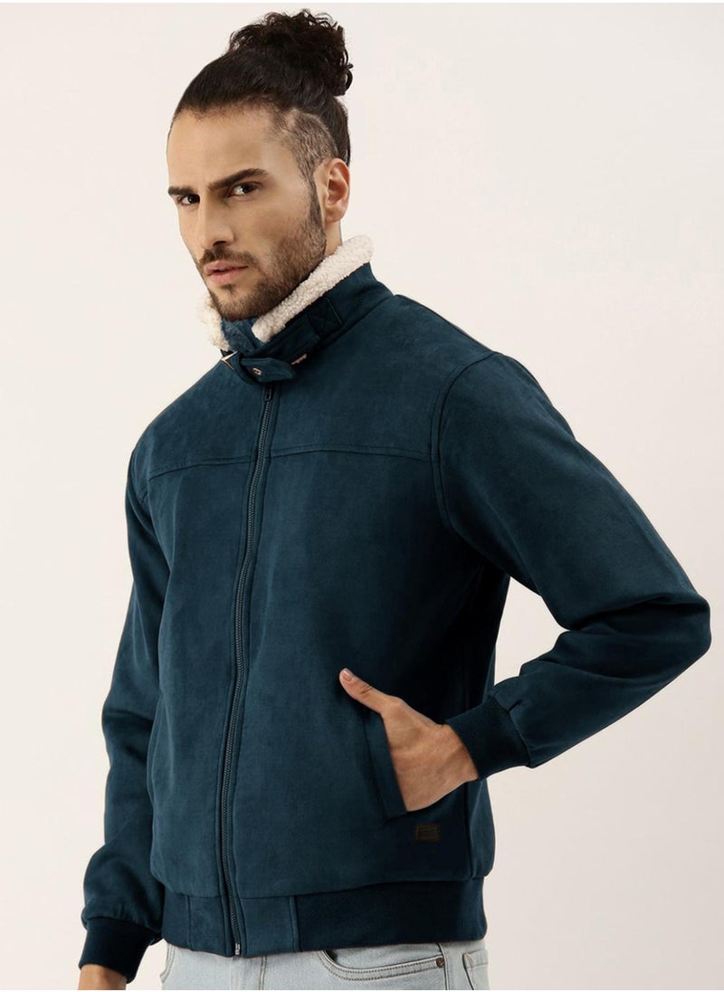 Men's Saltbox Blue Fur-Lined Suede Bomber Jacket