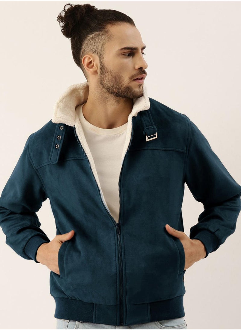 Men's Saltbox Blue Fur-Lined Suede Bomber Jacket