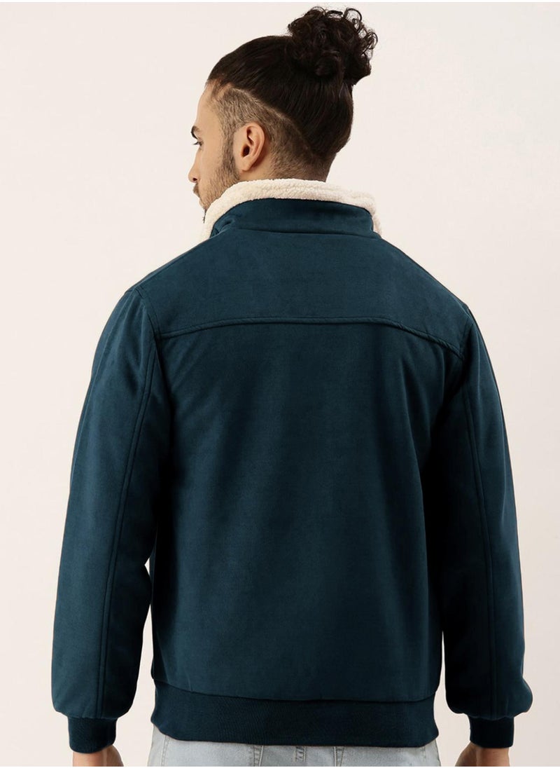 Men's Saltbox Blue Fur-Lined Suede Bomber Jacket