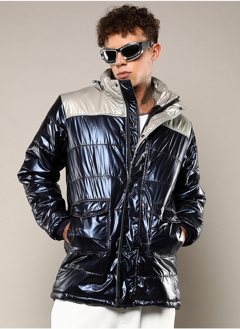 Men's Blue & Beige Zip-Front Puffer Jacket With Fur Detail