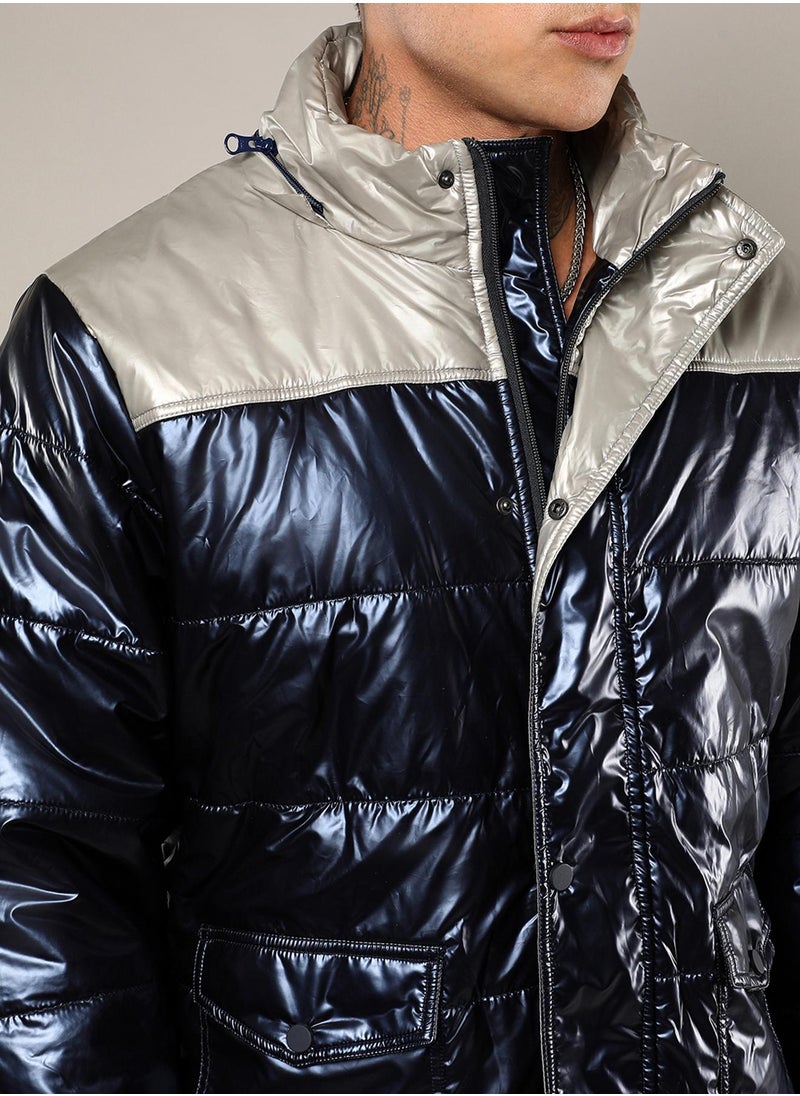 Men's Blue & Beige Zip-Front Puffer Jacket With Fur Detail