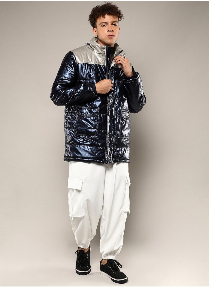 Men's Blue & Beige Zip-Front Puffer Jacket With Fur Detail