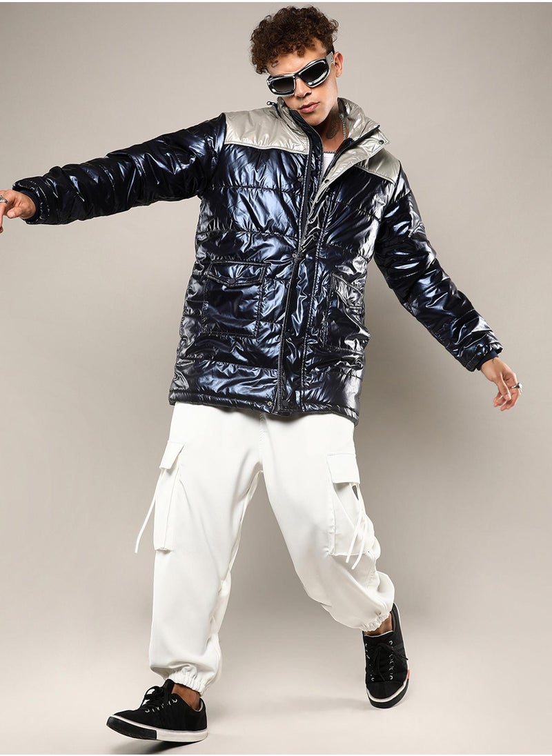 Men's Blue & Beige Zip-Front Puffer Jacket With Fur Detail