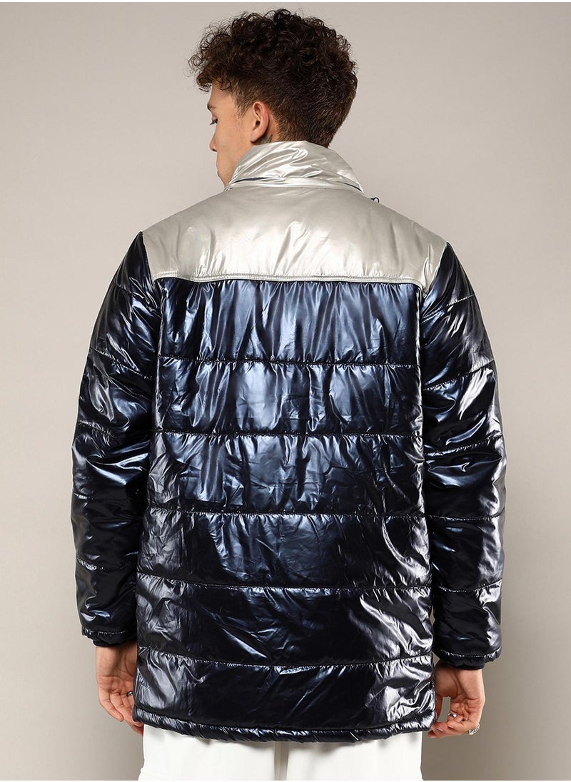 Men's Blue & Beige Zip-Front Puffer Jacket With Fur Detail