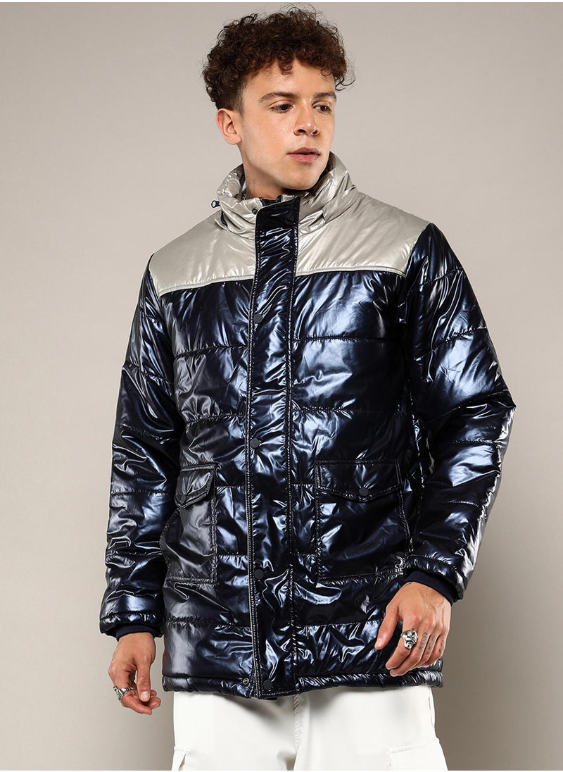 Men's Blue & Beige Zip-Front Puffer Jacket With Fur Detail