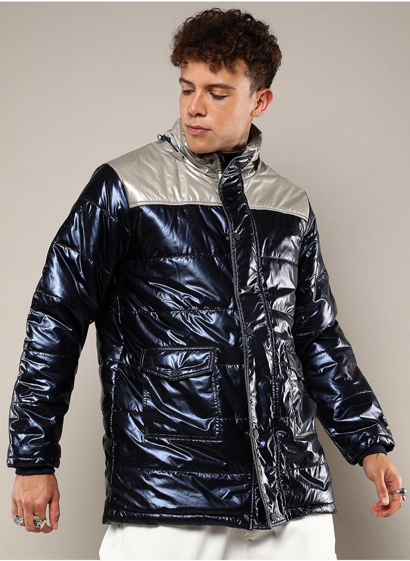 Men's Blue & Beige Zip-Front Puffer Jacket With Fur Detail