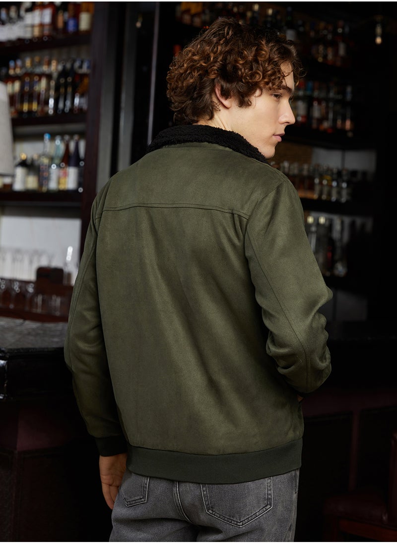 Men's Army Green & Obsidian Black Fleece-Lined Bomber Jacket
