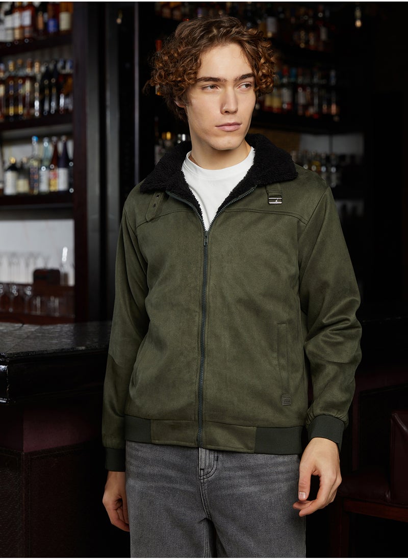 Men's Army Green & Obsidian Black Fleece-Lined Bomber Jacket