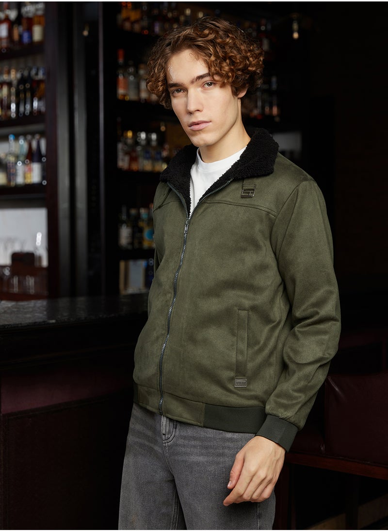 Men's Army Green & Obsidian Black Fleece-Lined Bomber Jacket