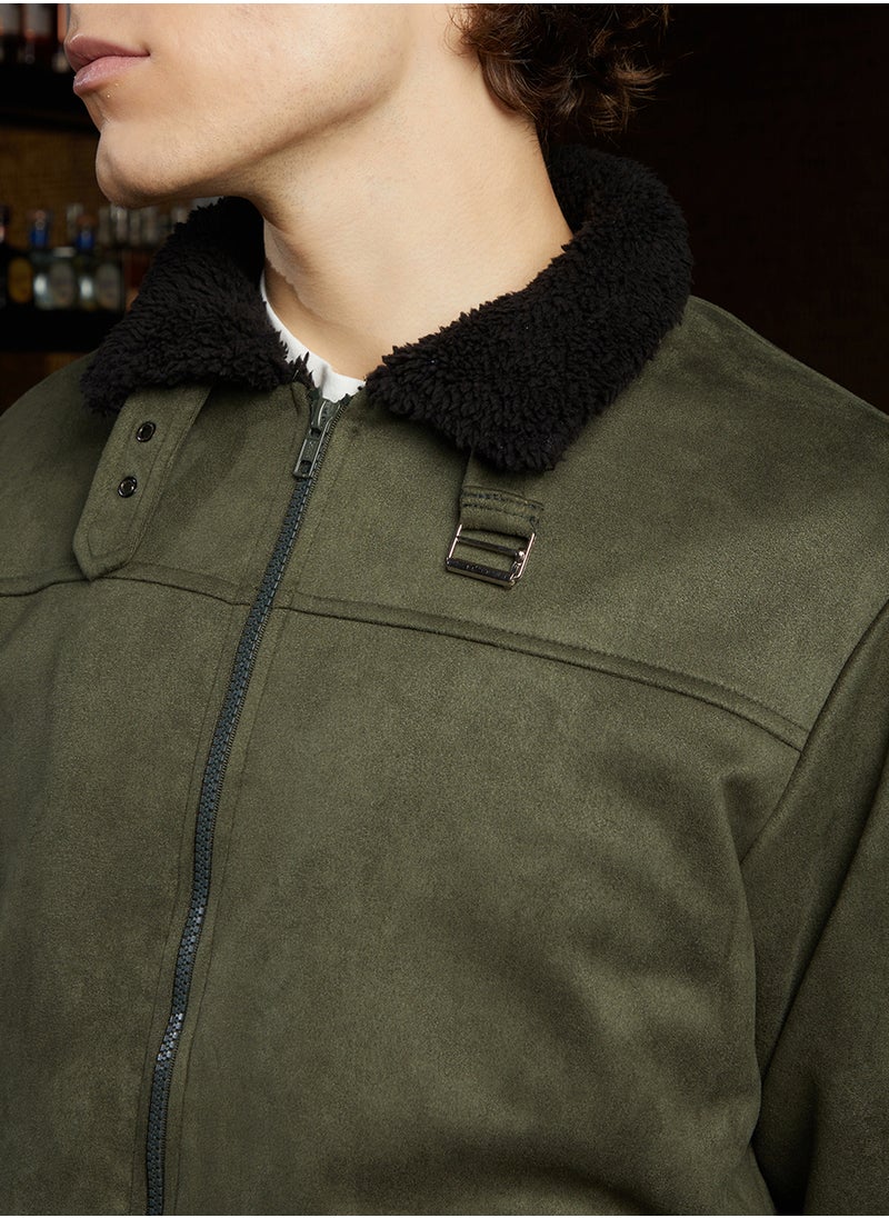 Men's Army Green & Obsidian Black Fleece-Lined Bomber Jacket