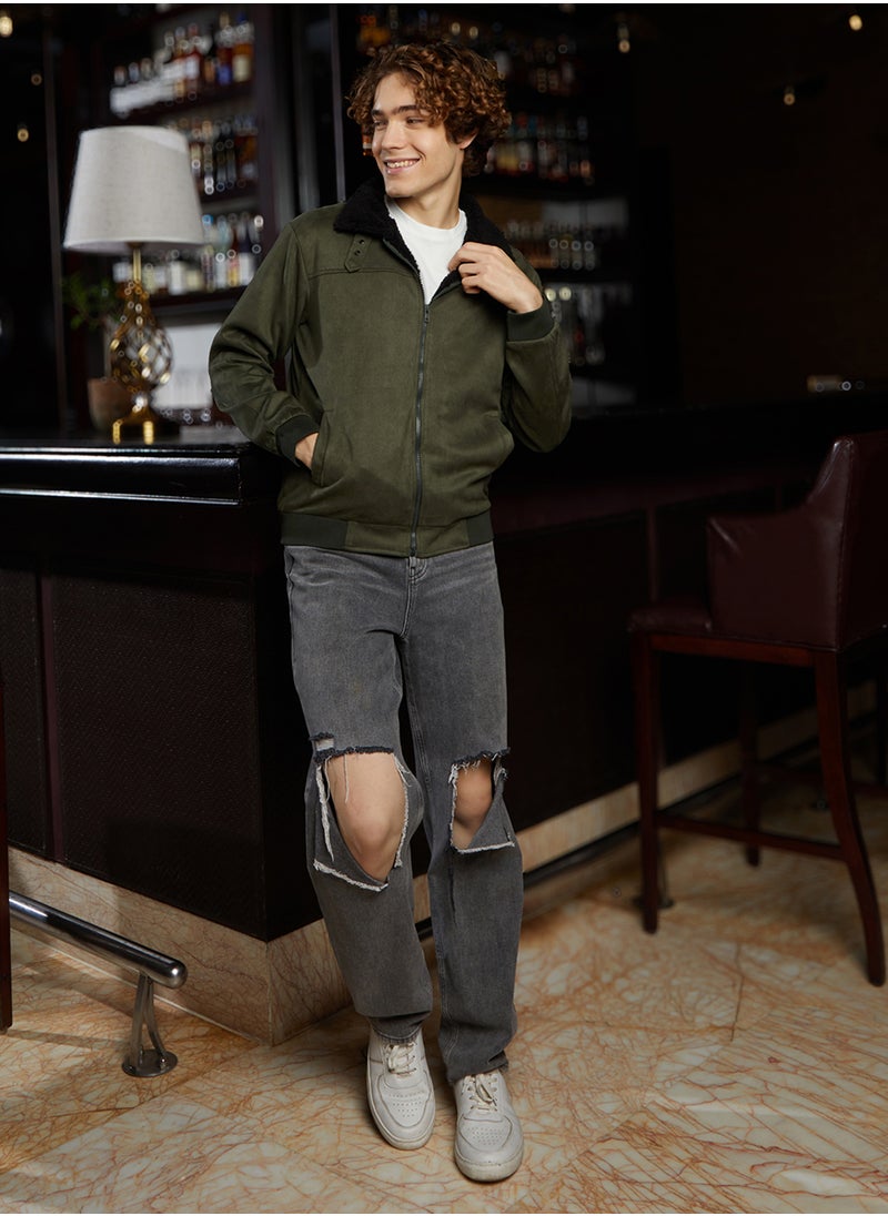 Men's Army Green & Obsidian Black Fleece-Lined Bomber Jacket