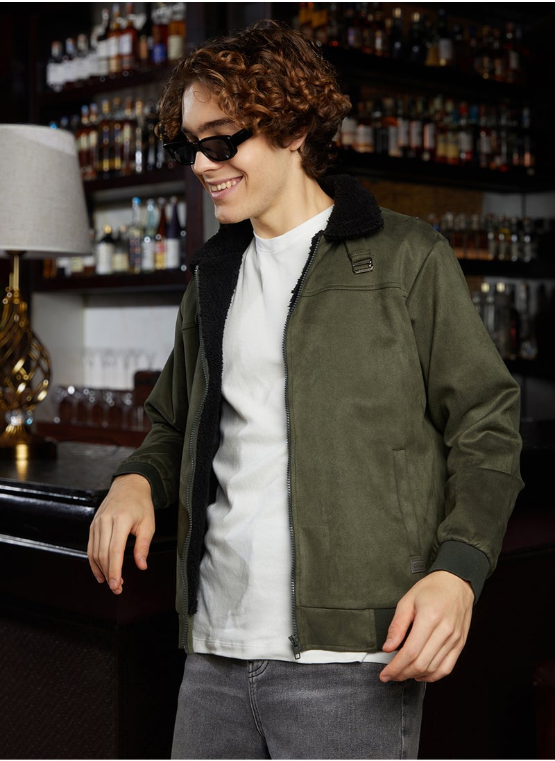 Men's Army Green & Obsidian Black Fleece-Lined Bomber Jacket