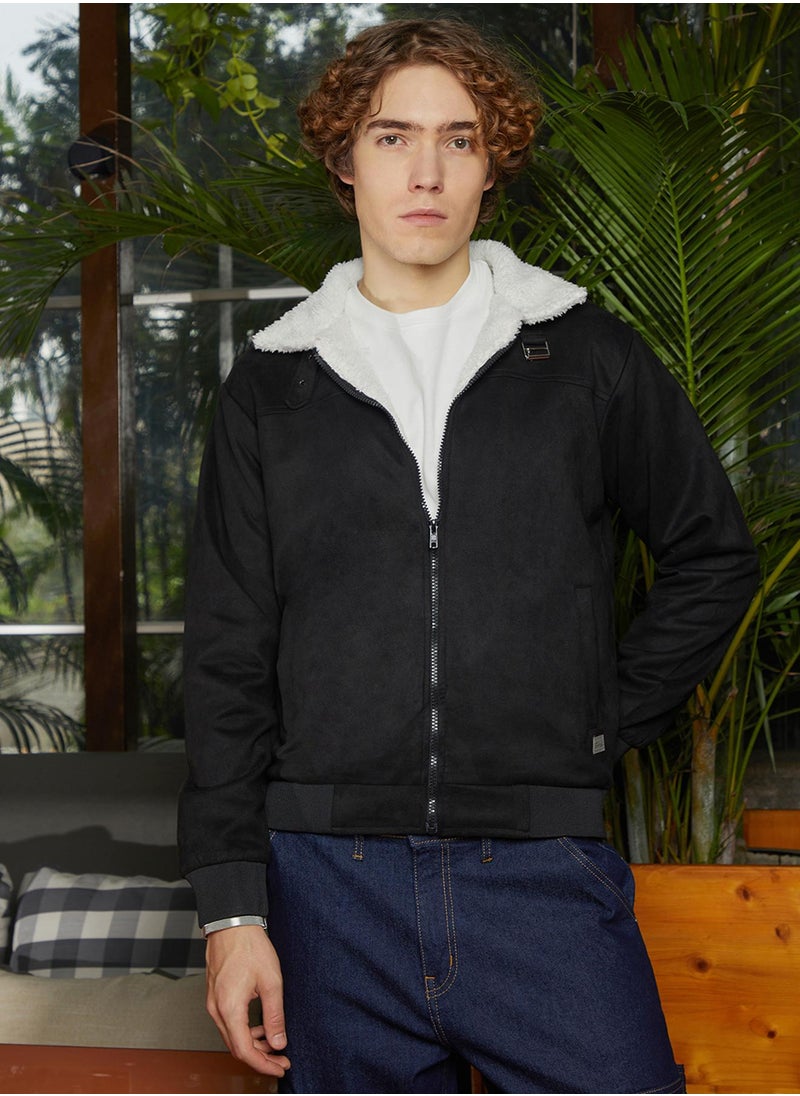 Men's Raven Black & Chalk White Fleece-Lined Bomber Jacket
