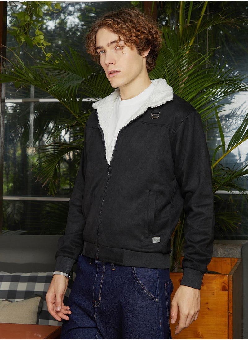 Men's Raven Black & Chalk White Fleece-Lined Bomber Jacket