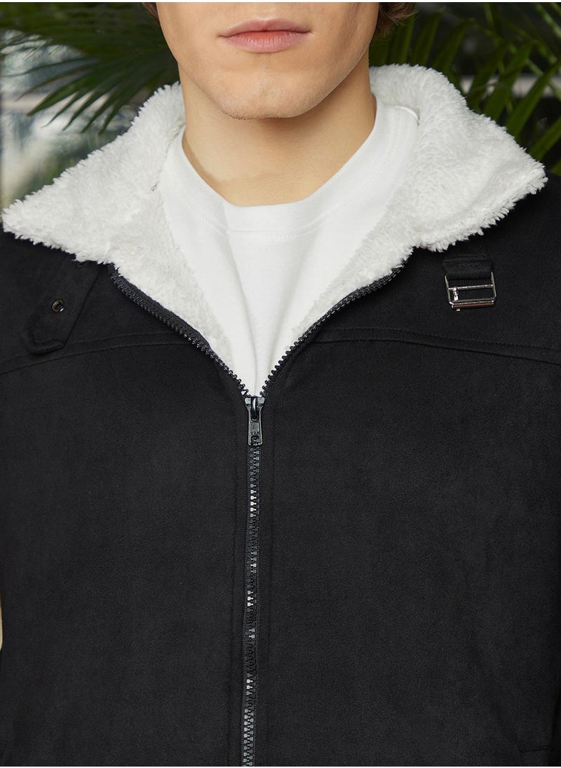 Men's Raven Black & Chalk White Fleece-Lined Bomber Jacket