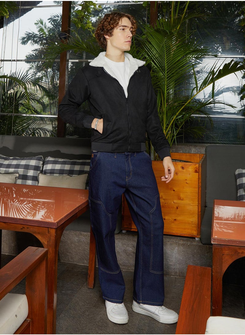 Men's Raven Black & Chalk White Fleece-Lined Bomber Jacket